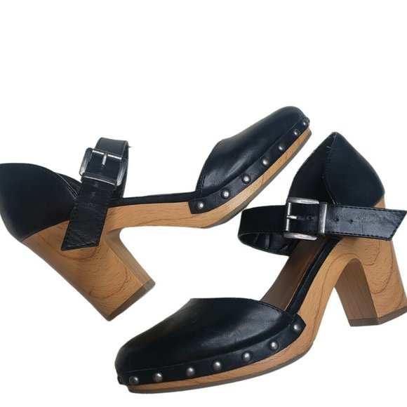 Revel Mary Jane 7 Platform Heels/Clogs Dark Navy/Black Tacked Toe Detail - Picture 1 of 10